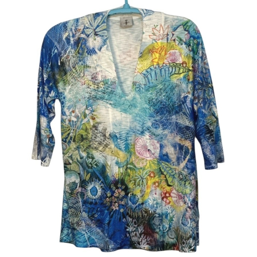 Inoah Tunic Top Women Green Blue Print Coastal Grandma Art to Wear Made in USA L